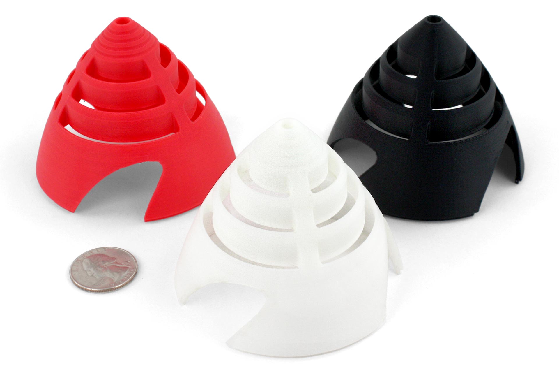 3D printed nose cones for an RC airplane.
