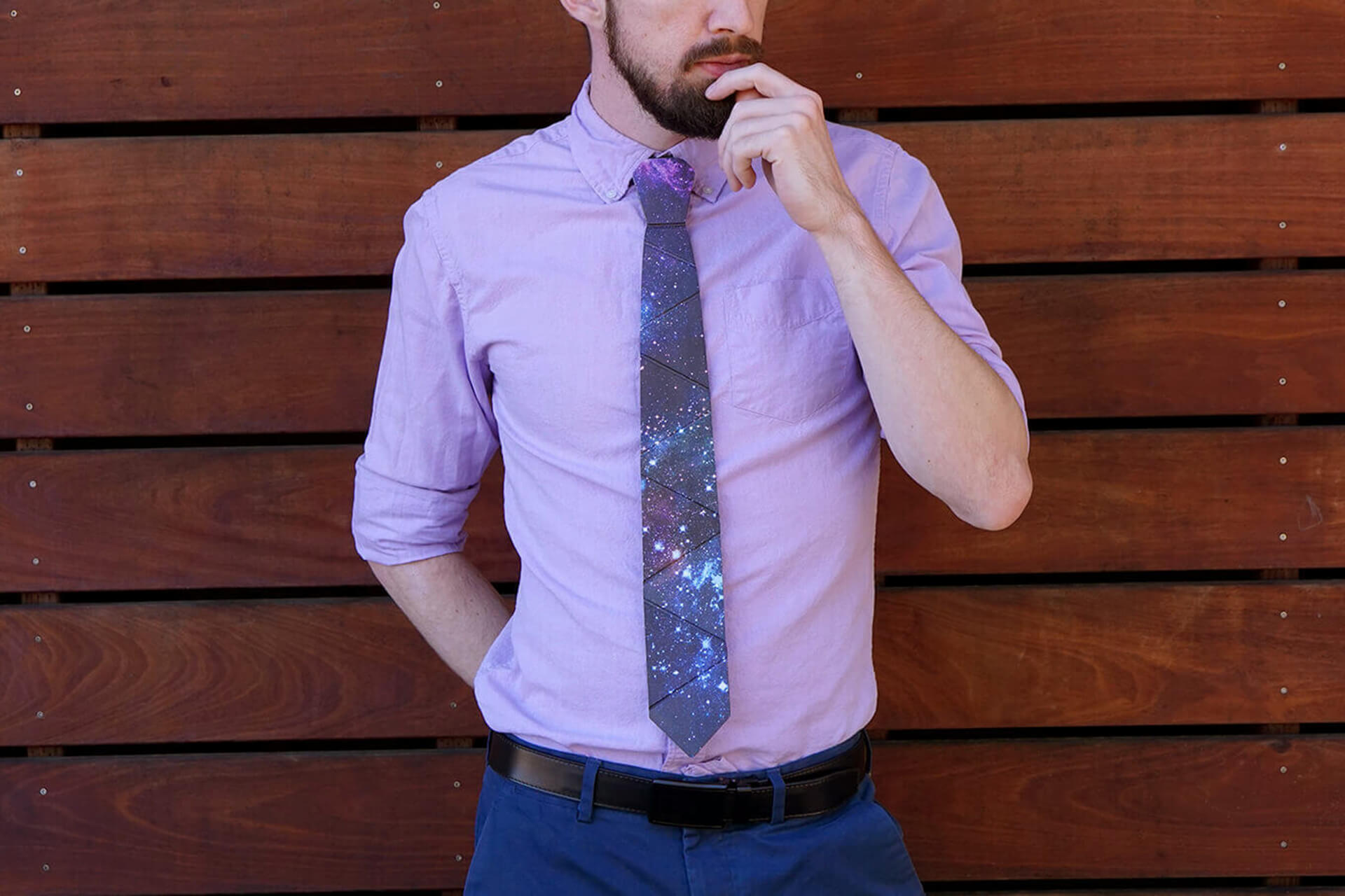 A lifestyle shot of the cardboard galaxy tie.