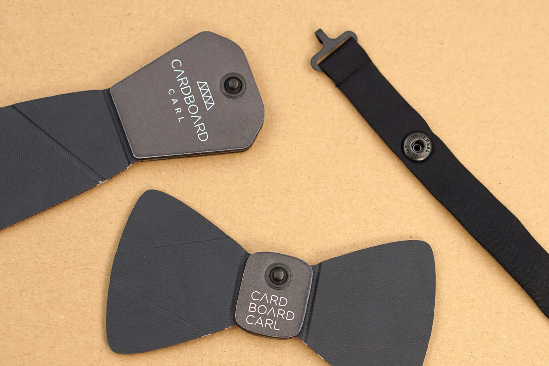 A product shot showing the snaps on the back of the cardboard ties.