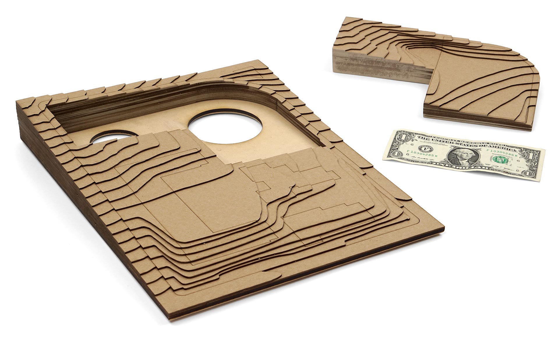 A slightly smaller chipboard architectural topographical model.