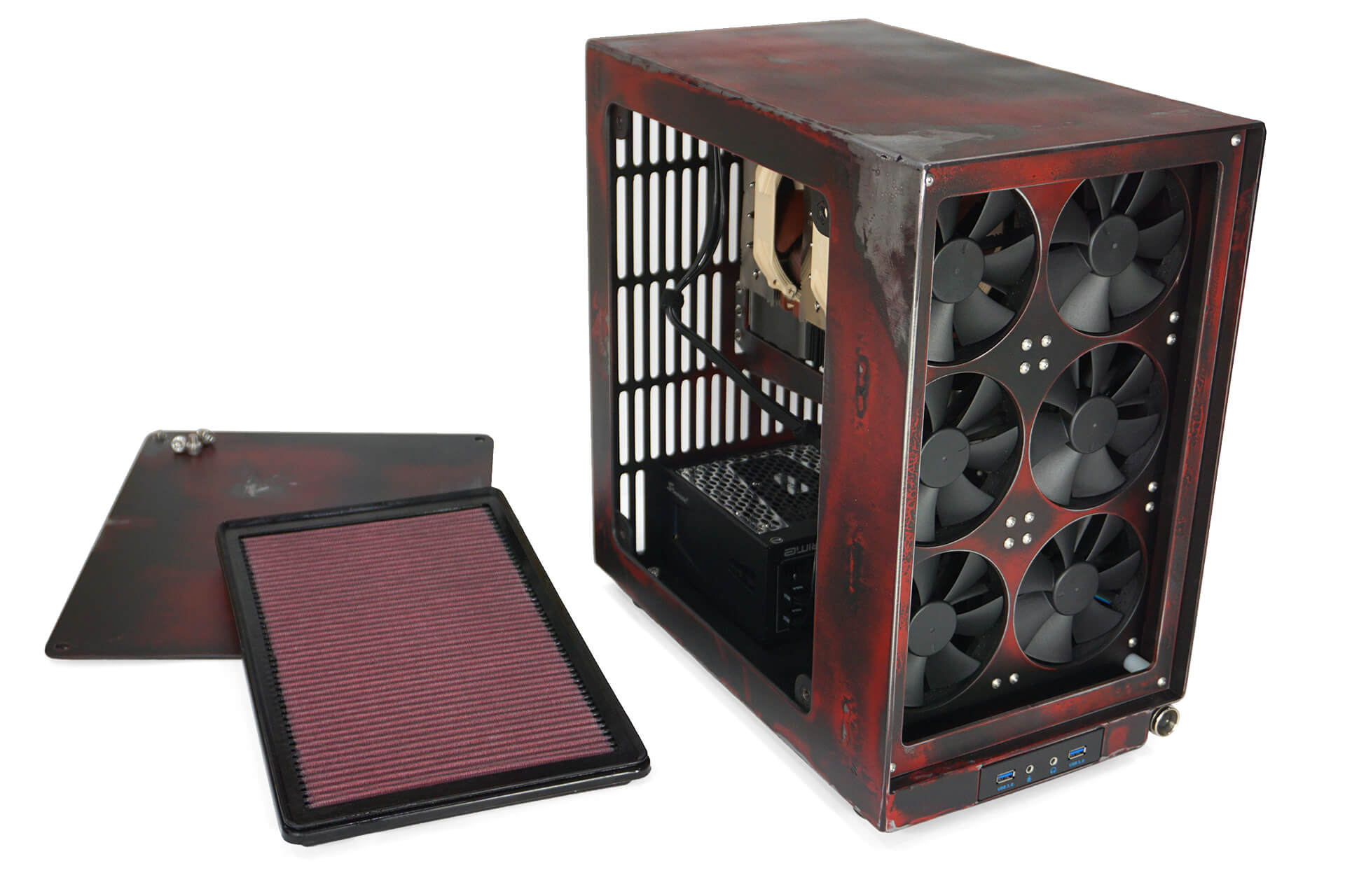 The PC with it's cover and automotive air filter removed.