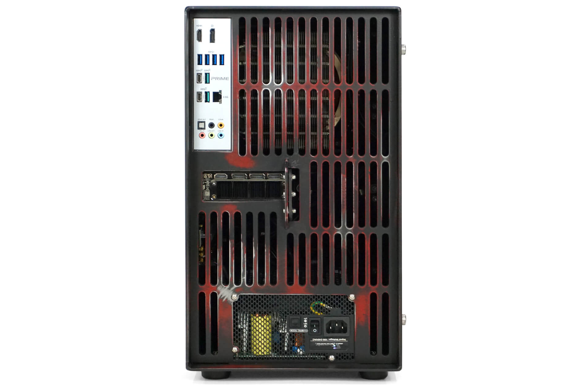 A dead-on rear view of the pc build.