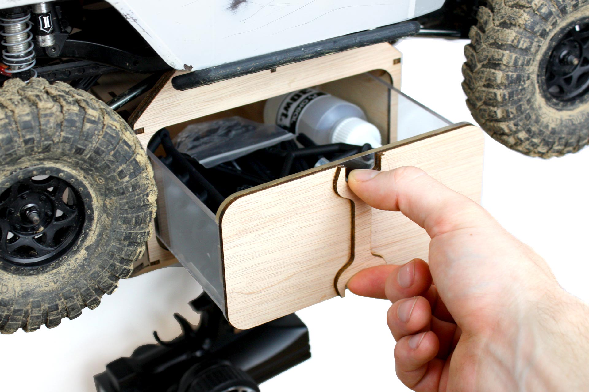 Revealing tools inside the drawer of the RC Wall Mount.